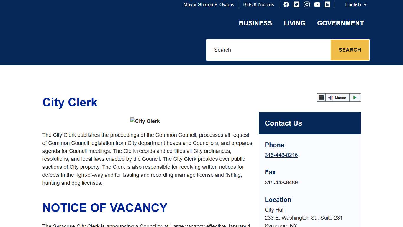 City Clerk – City of Syracuse